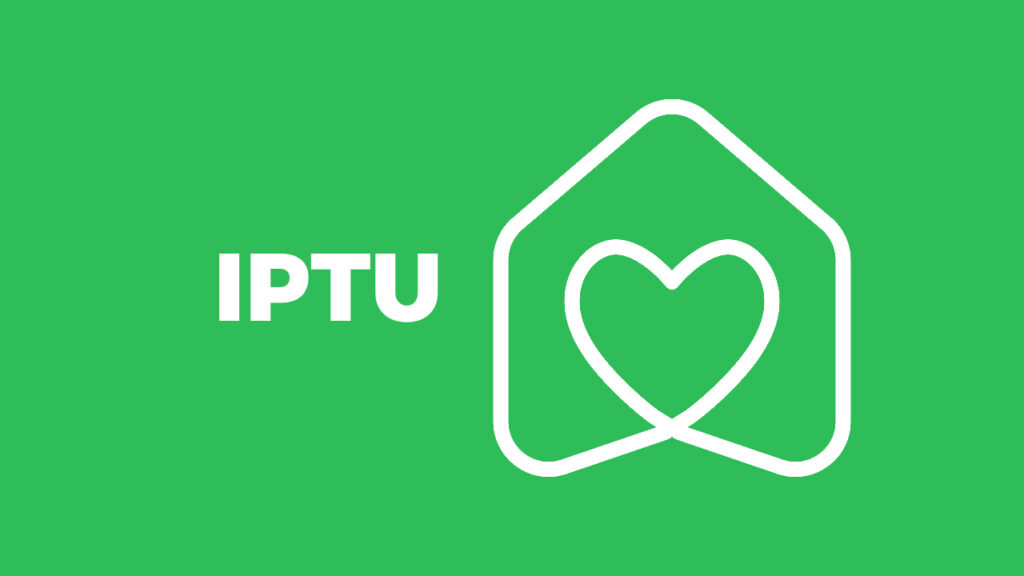 Ícone representando o IPTU com uma casa estilizada e um coração no centro, em fundo verde