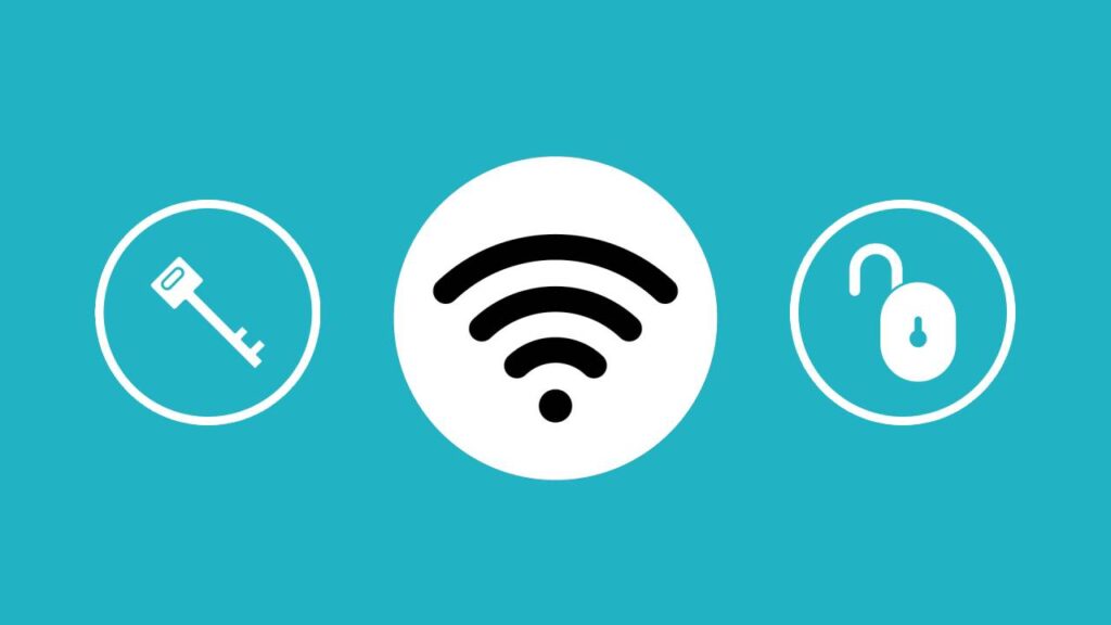 Ícones representando segurança Wi-Fi, chave e rede desbloqueada, com fundo azul.