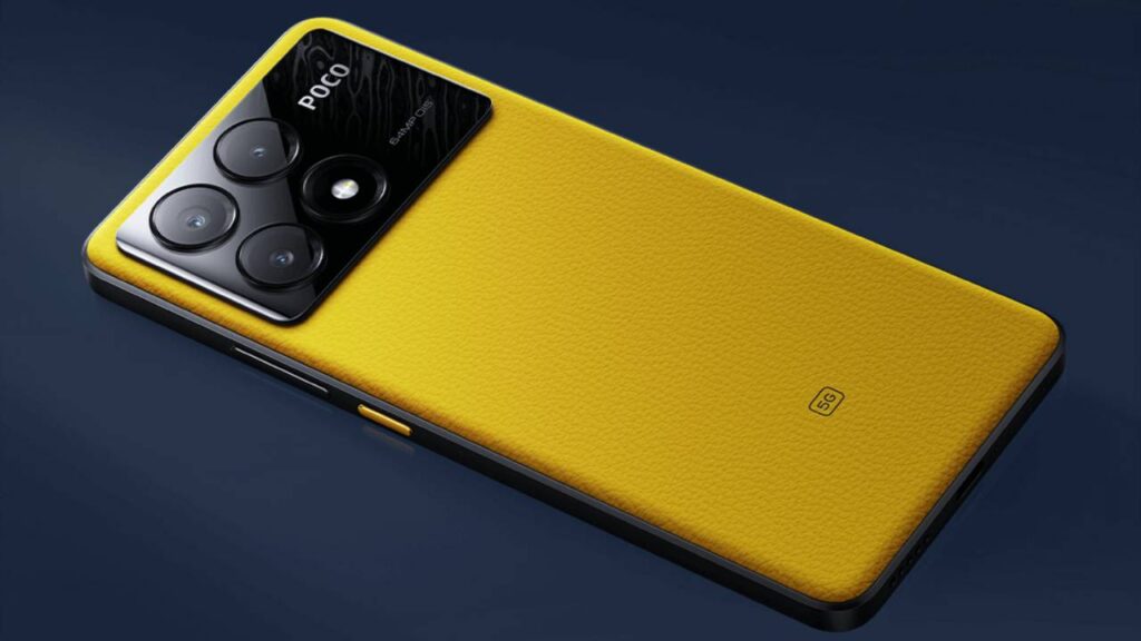 Smartphone Poco X6 Pro 5G com traseira amarela e módulo de câmera tripla.
