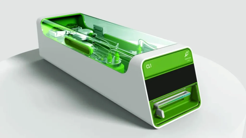 Computador biológico CL1 da Cortical Labs com design verde e branco, equipado com neurônios humanos