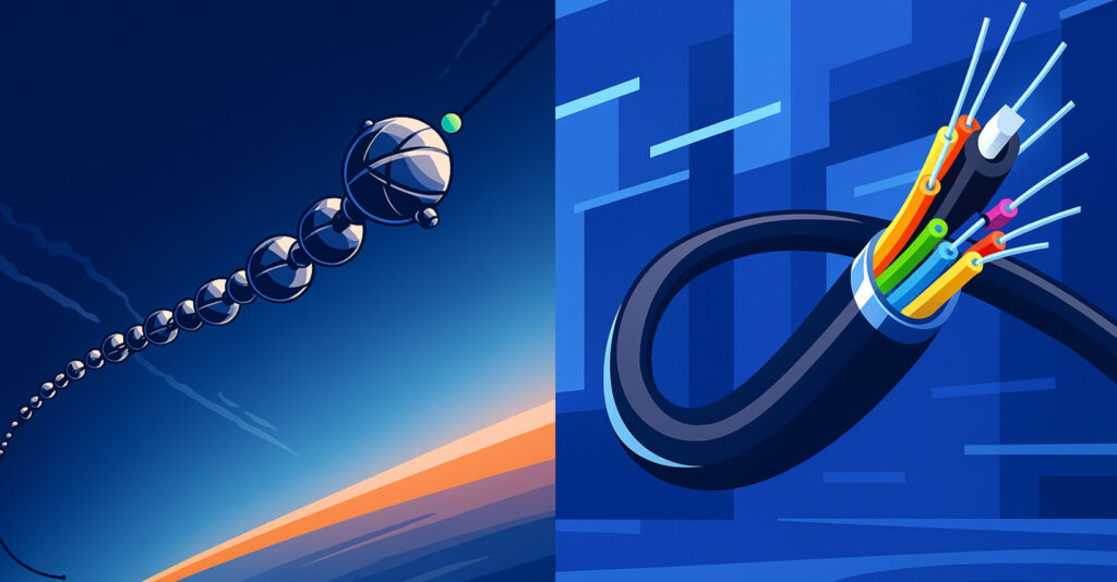Comparação visual entre satélites Starlink no espaço e cabo de fibra ótica em fundo tecnológico azul.