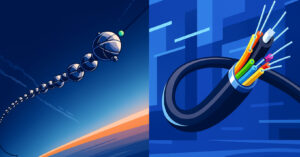 Comparação visual entre satélites Starlink no espaço e cabo de fibra ótica em fundo tecnológico azul.