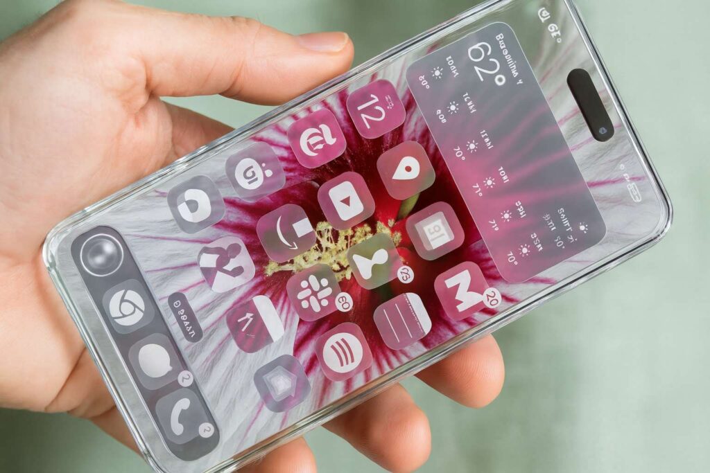 Mão segurando um iPhone com corpo transparente de vidro, mostrando ícones coloridos e um widget de clima na tela inicial.