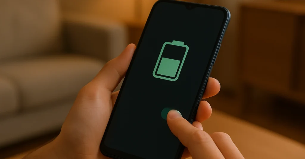Pessoa ajustando configurações de otimização de bateria em um smartphone, com ícone de bateria verde na tela e ambiente interno com iluminação quente.
