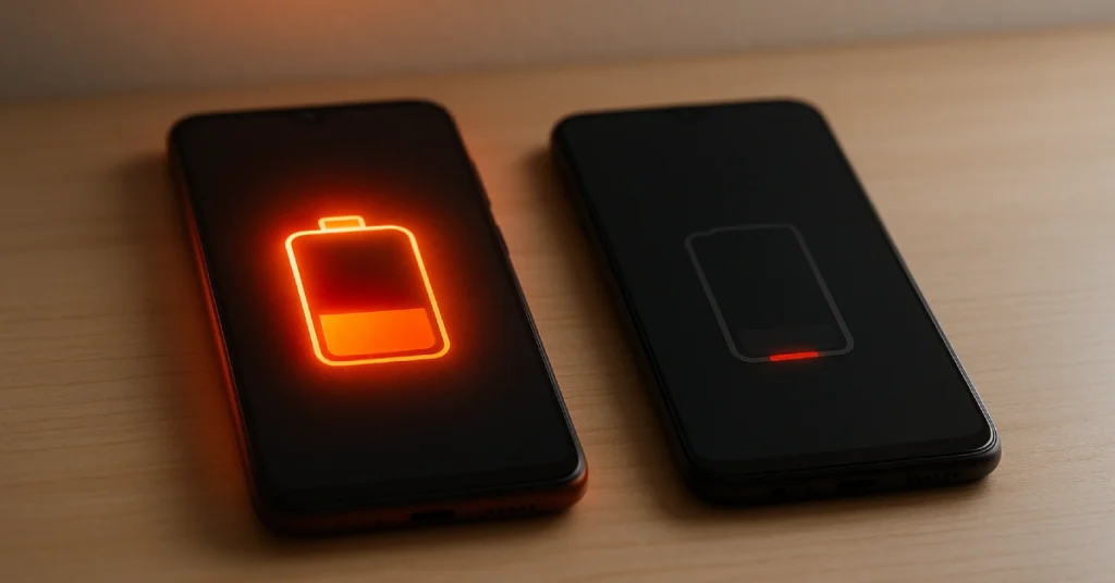 Dois smartphones lado a lado, um com ícone de bateria aquecido próximo de 100% em brilho alaranjado e outro quase descarregado próximo de 0%, em ambiente interno com luz suave.