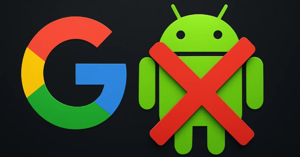 Logo do Google ao lado do mascote Android com um X vermelho indicando possível descontinuação