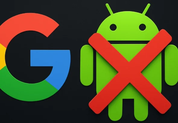 Logo do Google ao lado do mascote Android com um X vermelho indicando possível descontinuação