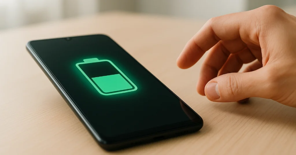 Smartphone sobre a mesa exibindo um ícone de bateria entre 20% e 80%, com uma mão se aproximando para verificar o nível, em ambiente iluminado por luz natural.