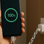 Mão segurando um smartphone carregado a 100%, preso ao carregador por uma corrente metálica, simbolizando dependência do carregamento total da bateria.