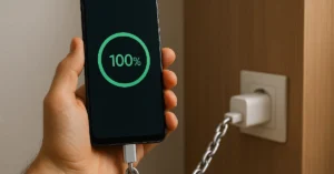 Mão segurando um smartphone carregado a 100%, preso ao carregador por uma corrente metálica, simbolizando dependência do carregamento total da bateria.