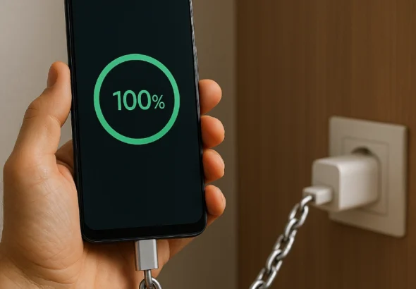 Mão segurando um smartphone carregado a 100%, preso ao carregador por uma corrente metálica, simbolizando dependência do carregamento total da bateria.